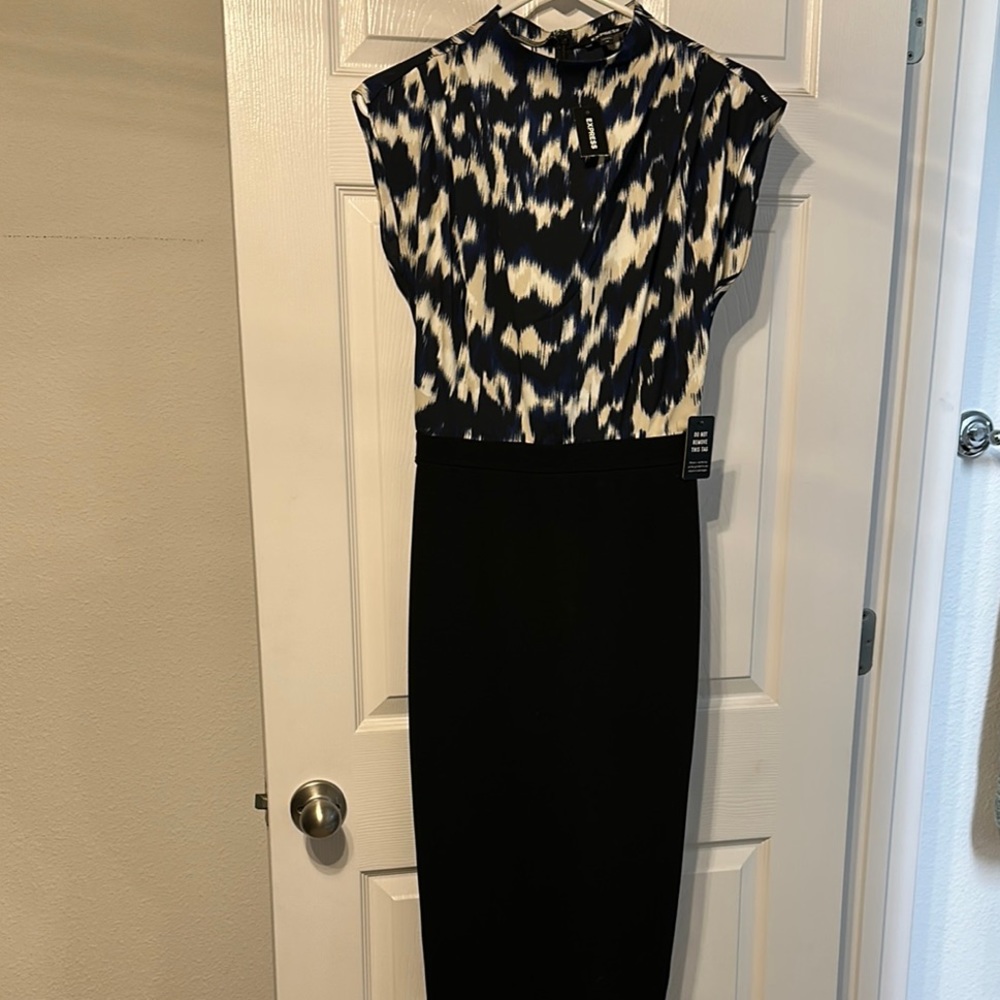 Express Blue and Cream Sheath Dress Mock Neck Sleeveless